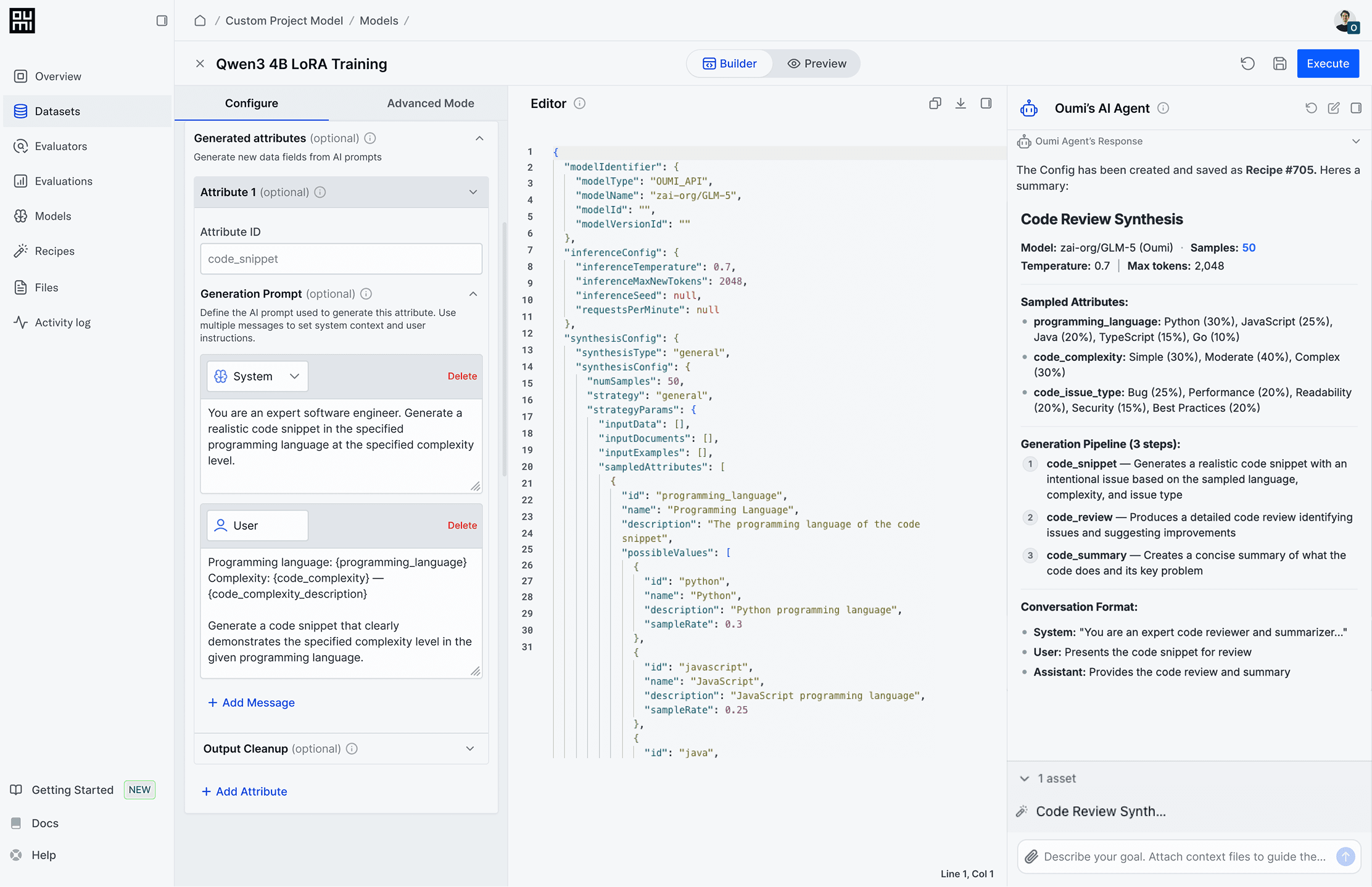 Synthesize: Generate targeted training data - Once weaknesses are identified, Oumi automatically synthesizes high-quality training examples targeting those failure modes, removing the need for manual curation or labeling. You review and refine data before it's used, so you stay in control.