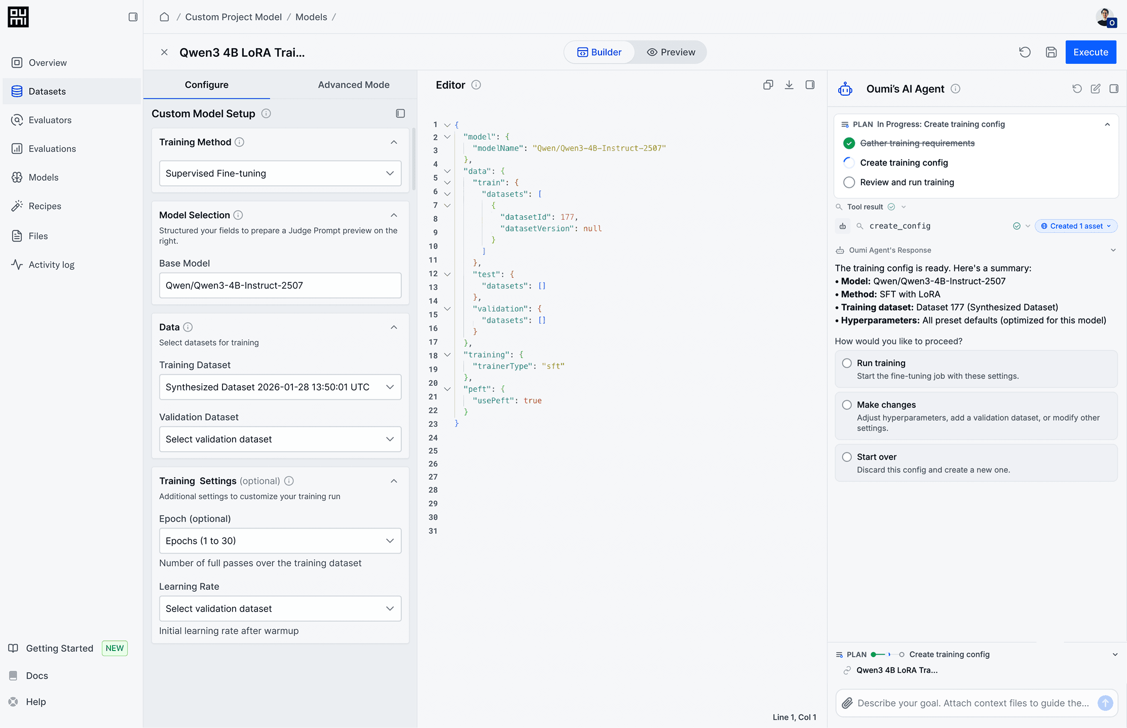 Train: Improve your model with fine-tuning - Train using the best approach for your use case, with support for full fine-tuning, parameter-efficient fine-tuning, and on-policy distillation. Oumi trains on your data and automatically re-evaluates results so you can measure improvement.