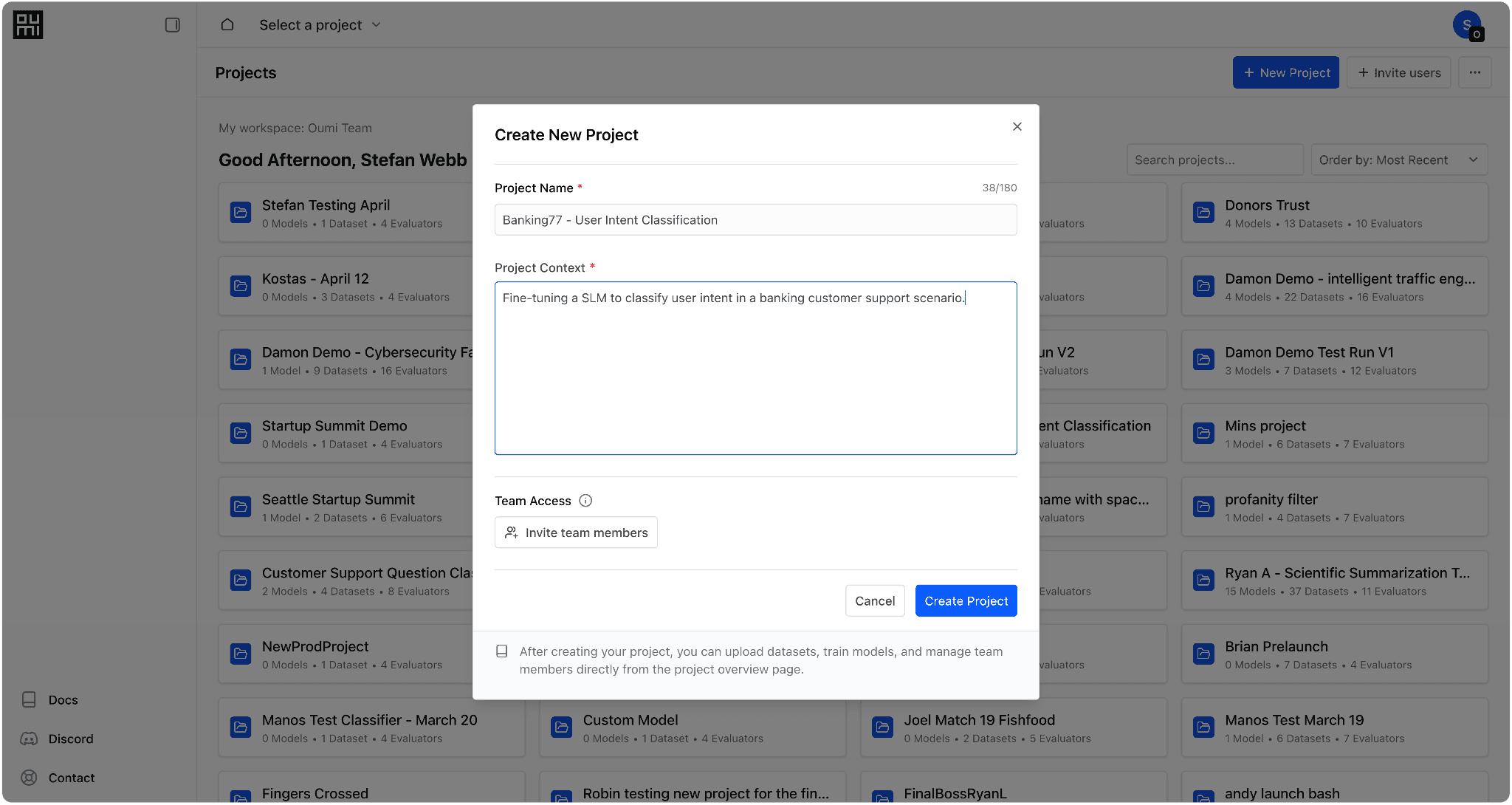 The Oumi Platform's Create New Project dialog, with the project named 'Banking77 - User Intent Classification' and the context field reading 'Fine-tuning a SLM to classify user intent in a banking customer support scenario.'