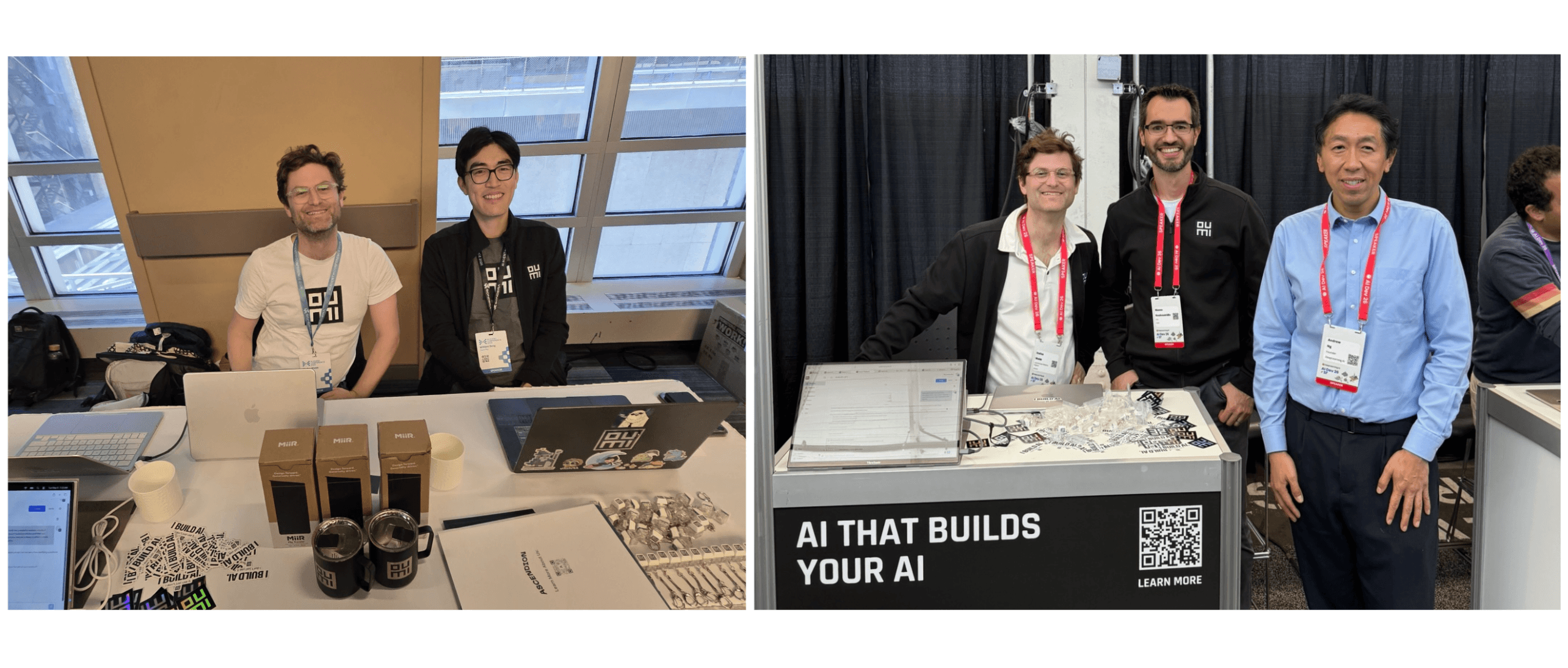 Two photos of Oumi team members at conference booths. On the left, two people sit at a table with laptops, mugs and stickers; on the right, three people stand at a booth with a sign reading AI that builds your AI.